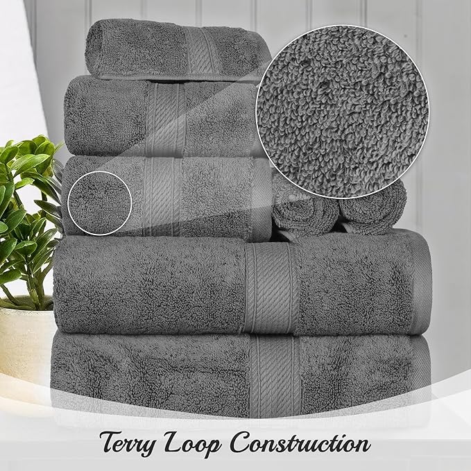 Superior Egyptian Cotton Pile Hand Towel Set of 4, Ultra Soft Luxury Towels, Thick Plush Essentials, Absorbent Heavyweight, Guest Bath, Hotel, Spa, Home Bathroom, Shower Basics, Charcoal