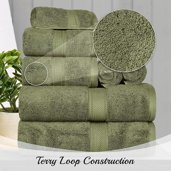 Superior Egyptian Cotton Pile Bath Towel Set of 4, Ultra Soft Luxury Towels, Thick Plush Essentials, Absorbent Heavyweight, Guest Bath, Hotel, Spa, Home Bathroom, Shower Basics, Forest Green
