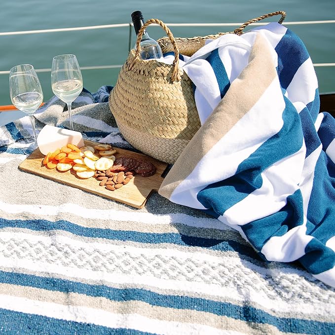 Laguna Beach Textile Co. Striped Cabana Beach Towel - Oversized, Plush 630 GSM Cotton - Ocean Blue and Almond Beige