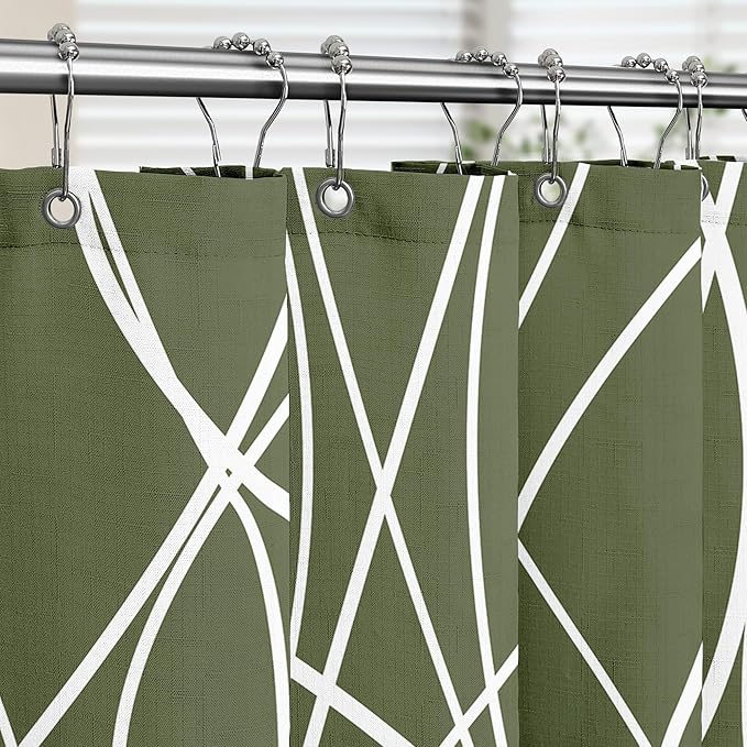 Tititex Morden140gms Faux Linen Fabric Bath Shower Curtain Set Textured Fabric with Olive White Curve Pattern 72x72 Inch Water Resistant Bathroom Curtains, Weighted Hem & Hooks for Hotel/Home