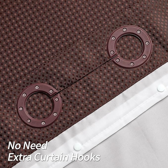 MitoVilla No Hooks Required Extra Long Shower Curtain Liner Set, 86 inch XL Brown Waffle Heavyweight Fabric Cloth Shower Curtains Set with Snap-in Liner for Modern Luxury Hotel & Spa Bathroom Decor