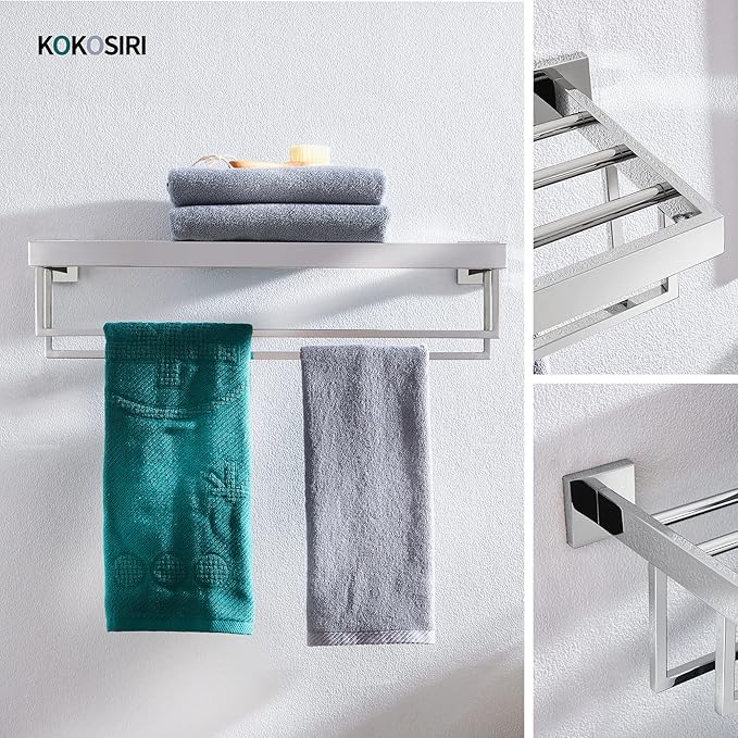 KOKOSIRI Bathroom Towel Shelf 20-Inch Chrome Towel Rack with Two Bath Towel Bars SUS304 Stainless Steel Wall Mounted, Polished Finish B6003CH-L20