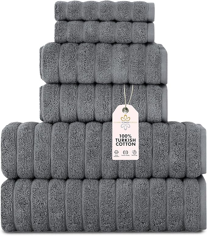 Classic Turkish Towels CTT - Luxury 6 Piece Towel Set, 100% Turkish Cotton, Absorbent & Comfy, 2 Bath Towels, 2 Hand Towels & 2 Washcloths | (Grey)