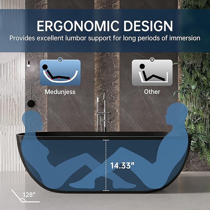 69" Stone Resin Freestanding Bathtub, Oval Solid Surface Bathroom Freestanding Tub, Thin Edge Stand Alone Tub with Integrated Slotted Overflow and Pop-up Drain, Matte Black AFS307-1750