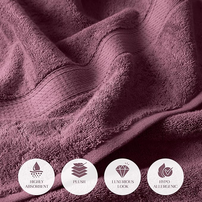 Superior Egyptian Cotton Pile Bath Towel Set of 2, Ultra Soft Luxury Towels, Thick Plush Essentials, Absorbent Heavyweight, Guest Bath, Hotel, Spa, Home Bathroom, Shower Basics, Plum