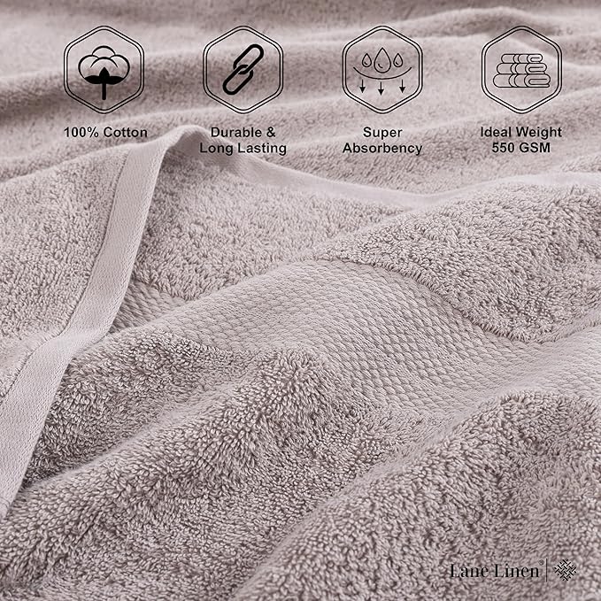 LANE LINEN 100% Cotton Bathroom Towel Set - 6 Pieces - Fluffy, Super Soft & Highly Absorbent - 2 Large Bath Towels, 2 Washcloths, 2 Hand Towels - Ringspun, Double Sided Cotton Terry - Platinum