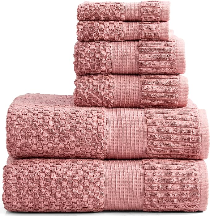 NY Loft 100% Cotton Towel Set 6 Piece | Super Soft & Absorbent Quick-Dry 2 Bath Towels 2 Hand Towels & 2 Washcloths | Textured and Durable Cotton | Premium Thick Towels | (6 Piece Set, Rose)