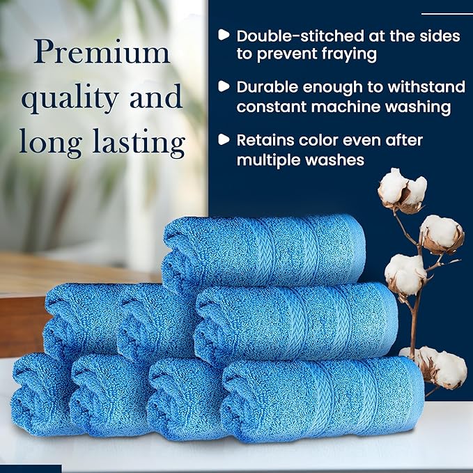 HALLEY Turkish 8 Pack Premium Washcloths (8 Pieces) 650 GSM Highly Absorbent Super Soft 100% Cotton - 8 Washcloths (Blue)