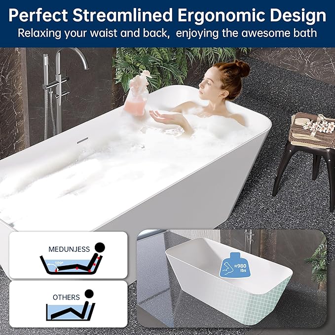 Stone Resin Freestanding Bathtub 67 ", Elegant Oval Shape Soaking Tub, Solid Surface Stand Alone Bathtub with Drain & Integrated Slotted Overflow Matte White AMFS340-1700