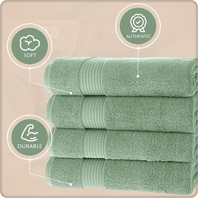 MAURA Basics Performance Bath Towels 100% Turkish Cotton with Hook Loops. Extra Large Luxury Absorbent Plush Towel Sets for Bathroom, Daily Use American Standard Size 27”x54”, Sage Green