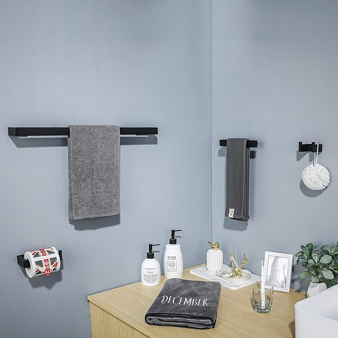 TNOMS 4 Pieces Bathroom Hardware Accessories Set Black Towel Bar Towel Holder Robe Hook Toilet Paper Holder Stainless Steel,Q8-P4BK