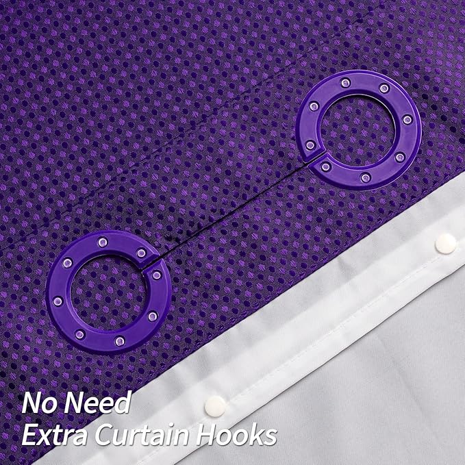 MitoVilla Purple Waffle Small Stall Shower Curtain Liner Set 36 x 74, No Hooks Needed Half Size Narrow Waffle Weave Fabric Shower Curtain Set with Snap-in Liner for Modern Spa-Like Bathroom Decor
