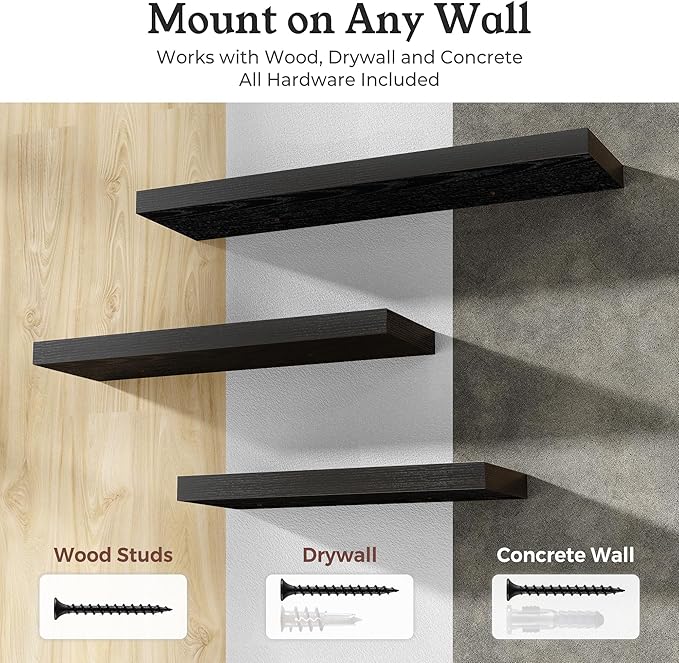 Floating Shelves for Wall, 9.3" Deep Wall Mounted Wood Shelves for Bathroom, Bedroom, Living Room, Kitchen, Hanging Shelf for Books/Storage/Room Decor (Black, 55")