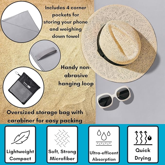 BIRDROCK HOME Multi-Purpose Microfiber Towel for The Beach, Travel, Pets or Camping - Large 31 x 63” - Grey - Quick-Dry - Absorbent Lightweight Compact - Bag - Kids Hiking Outdoor - Corner Pockets