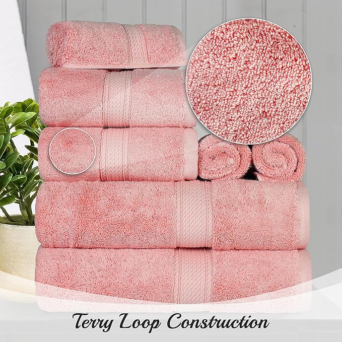 BNM Egyptian Cotton Heavyweight Towels, Ideal For Bathroom, Shower, Spa, Hotel, 800 GSM, Face/ Washcloths, Hand Towels, Bath Towels, Highly-Absorbent, Luxury Basics, 9 Piece Towel Set, Tea Rose Pink