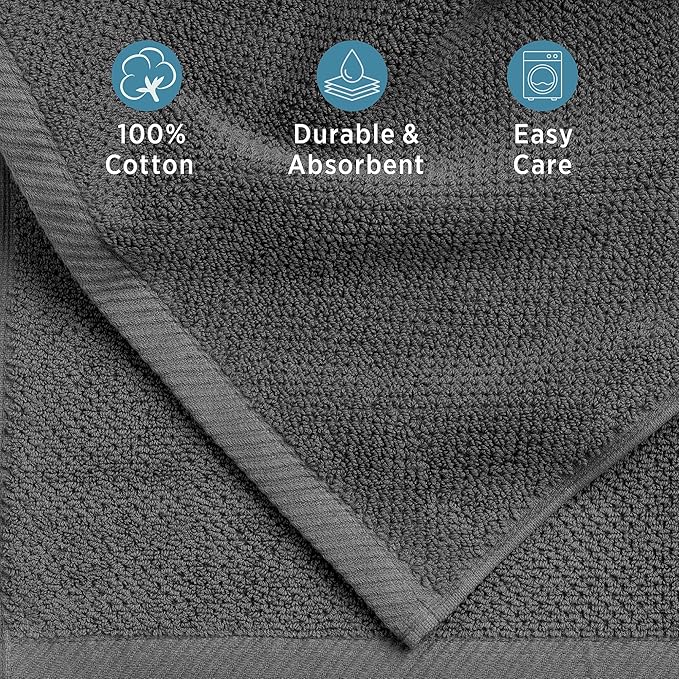 Welhome Franklin 100% Cotton Popcorn Textured Towel Set - 4 Pack Bath Towels, 600 GSM, Soft & Plush, Charcoal