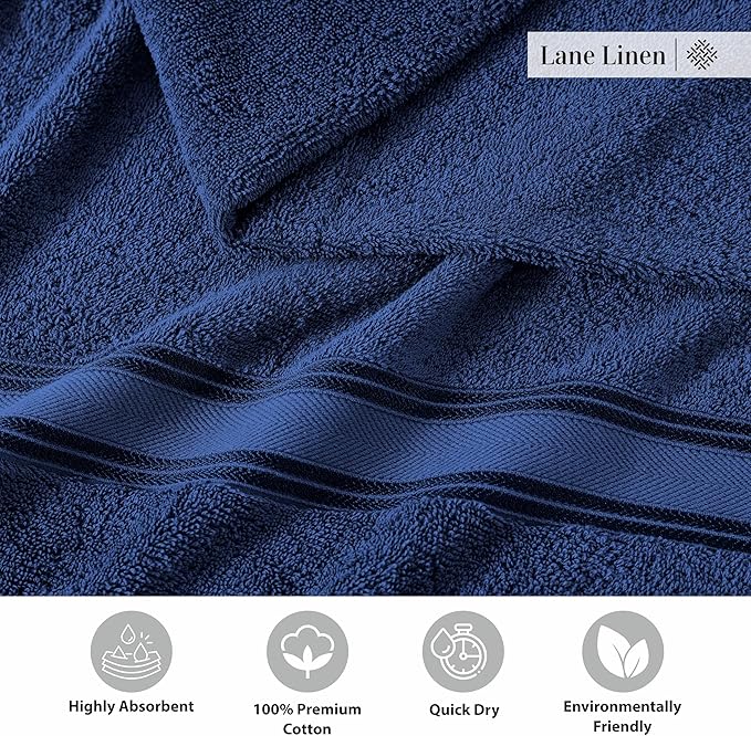 LANE LINEN 100% Cotton 4 Pack Bath Towels (30"x60") - Zero Twist, Mercerized Cotton Towels Set for Bathroom - Quick Dry, Soft & Absorbent Large Bath Towel Set - Dorm Essentials for Boys - Navy Blue
