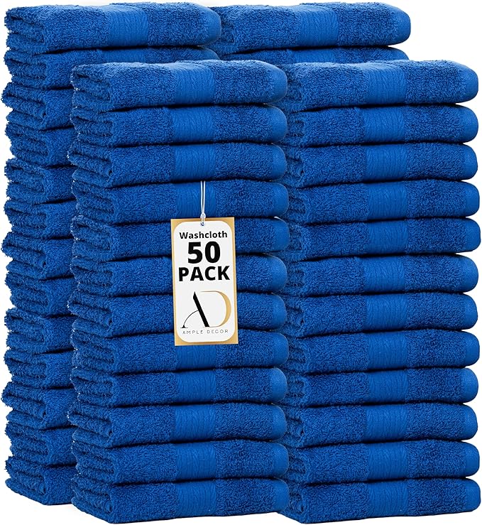Ample Decor Wash Cloths Set of 50 12 X 12 Inch 100% Cotton 600 GSM, Soft Absorbent, Machine Washable Face Towels, Oeko Tex Certified Reusable Fingertip Towels for Bathroom, Hotel, Gym,Spa-Navy Blue
