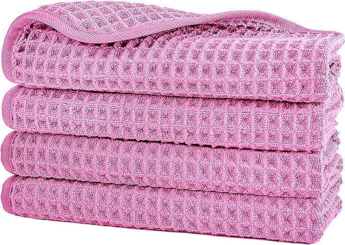 POLYTE 430 GSM Microfiber Lint Free Washcloth Face Towel, 13 x 13 in, 4 Pack (Waffle Weave)