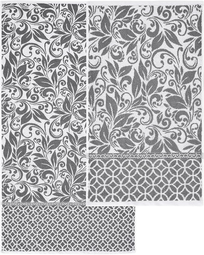 Modern Threads Trefoil Filigree 6-Piece 100% Cotton Towel Set – Reversible Yarn Dyed Jacquard – Includes 2 Bath Towels, 2 Hand Towels, 2 Washcloths – Absorbent, Quick Dry, Soft & Durable – Dark Gray