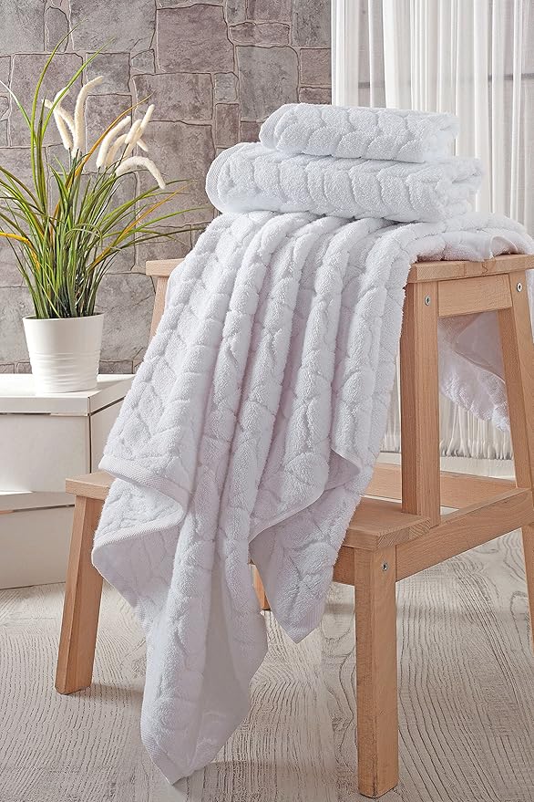 BAGNO MILANO Turkish Bath Towels, Soft Plush Jacquard Luxury Bath Towels, Quick Dry Towel Set (White, 6 pcs Towel Set)