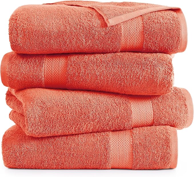 LANE LINEN 100% Ring Spun Cotton Bath Towels (28"x54") - 4 Pieces - Large Towels for Bathroom - Quick Drying, Soft & Absorbent Large Shower Towel Set - Used in Gym, Hotel, Spa, Home - Living Coral