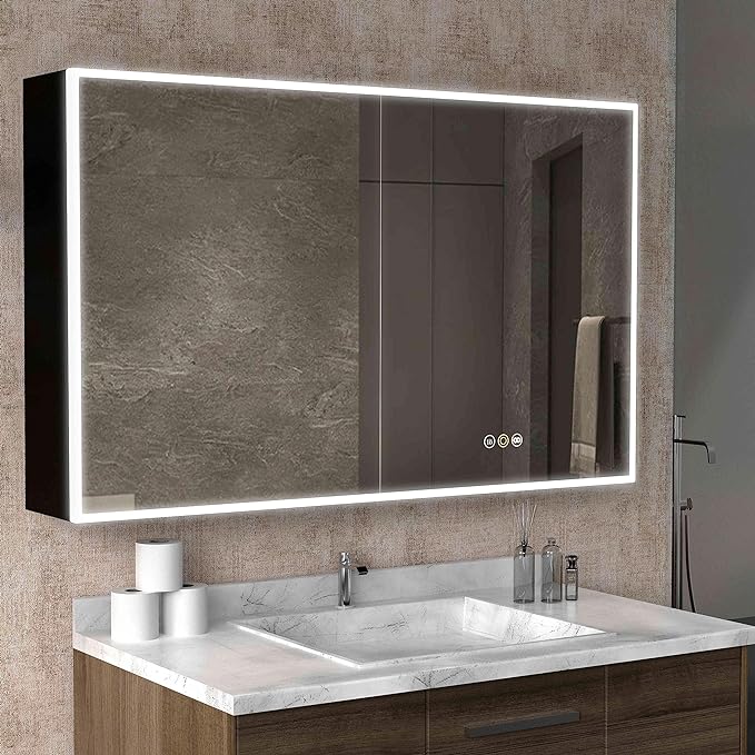 Medicine Cabinets for Bathroom with Mirror, 48”W x 30”H Wall Mounted LED Medicine Cabinet Mirror with Defogger, Dimmer, Outlets & USB, Double Doors