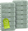 White Classic Green Washcloths Set for Body and Face Towel, Cotton Wash Cloths Bulk 12 Pack, Spa Fingertip Wash Clothes 12x12 Inch, Soft Absorbent Gym Towels