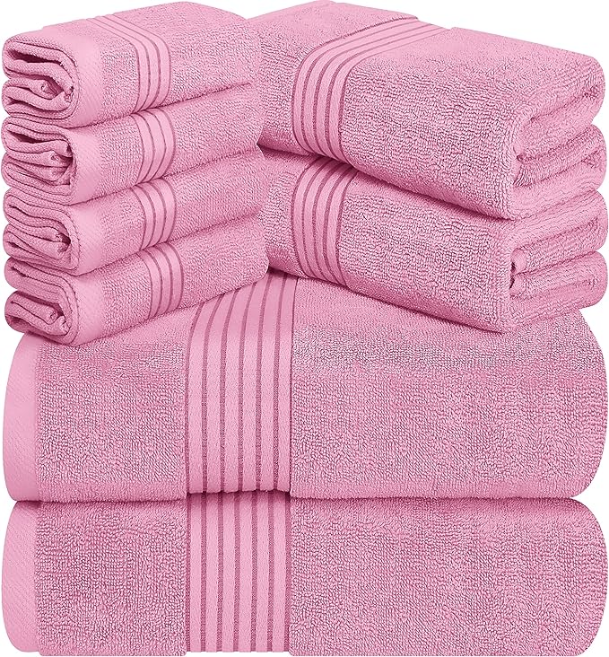 Utopia Towels 8 Piece Premium Towel Set, 2 Bath, 2 Hand, and 4 Washcloths, 100% Ring Spun Cotton, Highly Absorbent Towels for Bathroom, Sports, and Hotel, Pink