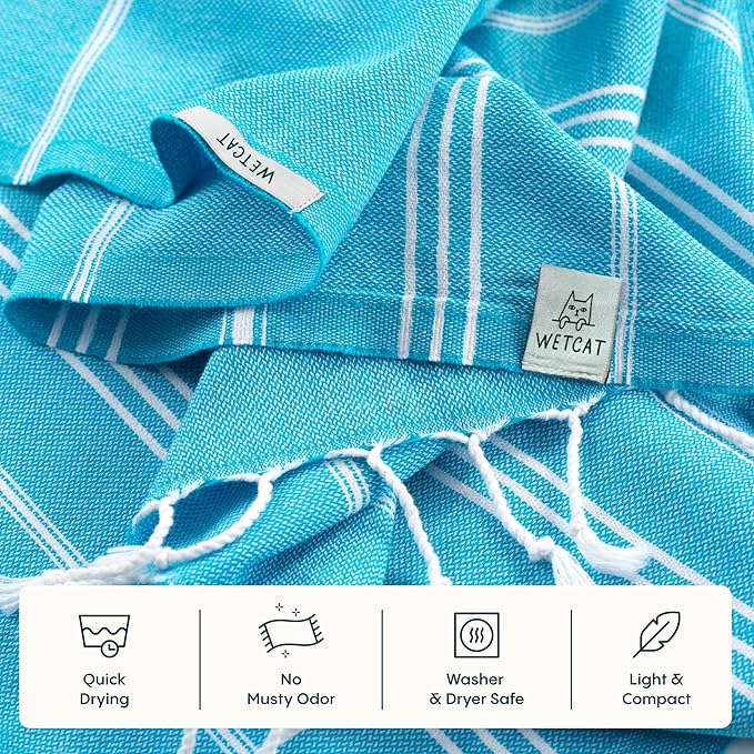WETCAT Turkish Hand Towels with Hanging Loop, Set of 2 (20" x 30") 100% Turkish Cotton, Pre-Washed, Quick Drying, for Kitchen or Bathroom - Turquoise