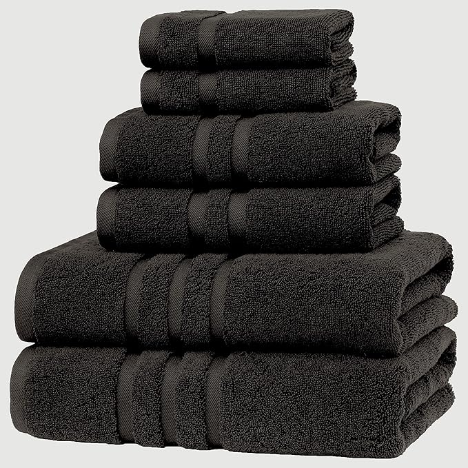 Veteran Textile LLC - 6 Pieces - Turkish Cotton - Luxury Towel Set for Bathroom & Kitchen, 2 Bath Towels, 2 Hand Towels & 2 WashCloths *Valued $79.99* (Black)