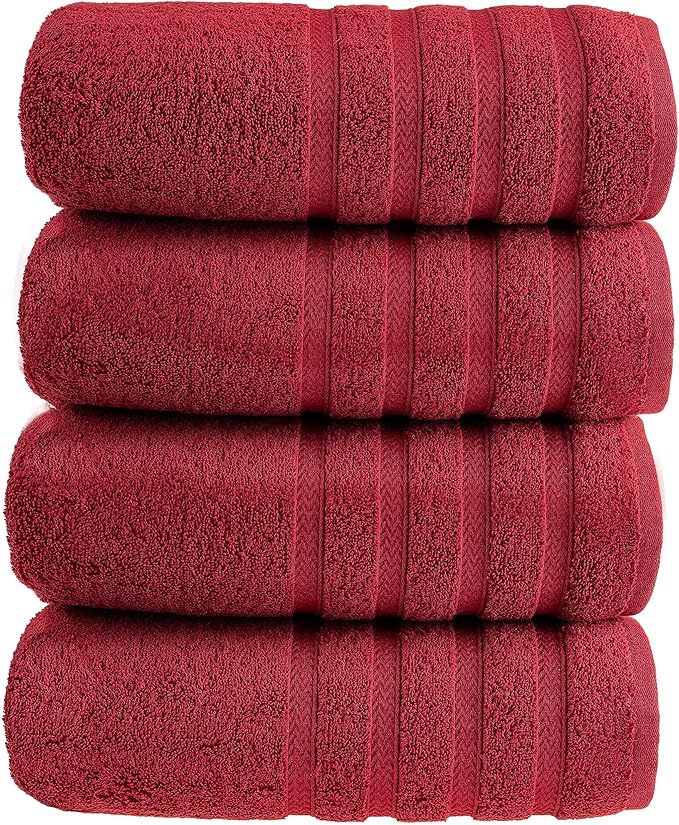 HALLEY Turkish 4 Pack Premium Bath Towels (4 Pieces) 650 GSM Highly Absorbent Super Soft 100% Cotton - 4 Bath Towels (Red)