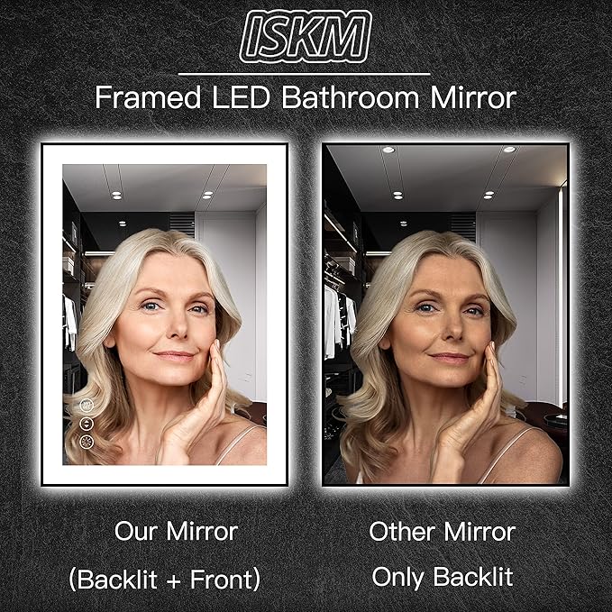 ISKM Framed LED Mirror for Bathroom 48"x38", Dimmable LED Bathroom Mirror with Lights, Anti-Fog, Front and Backlit Lighted Mirror 3-Colors, Shatterproof, Memory Function