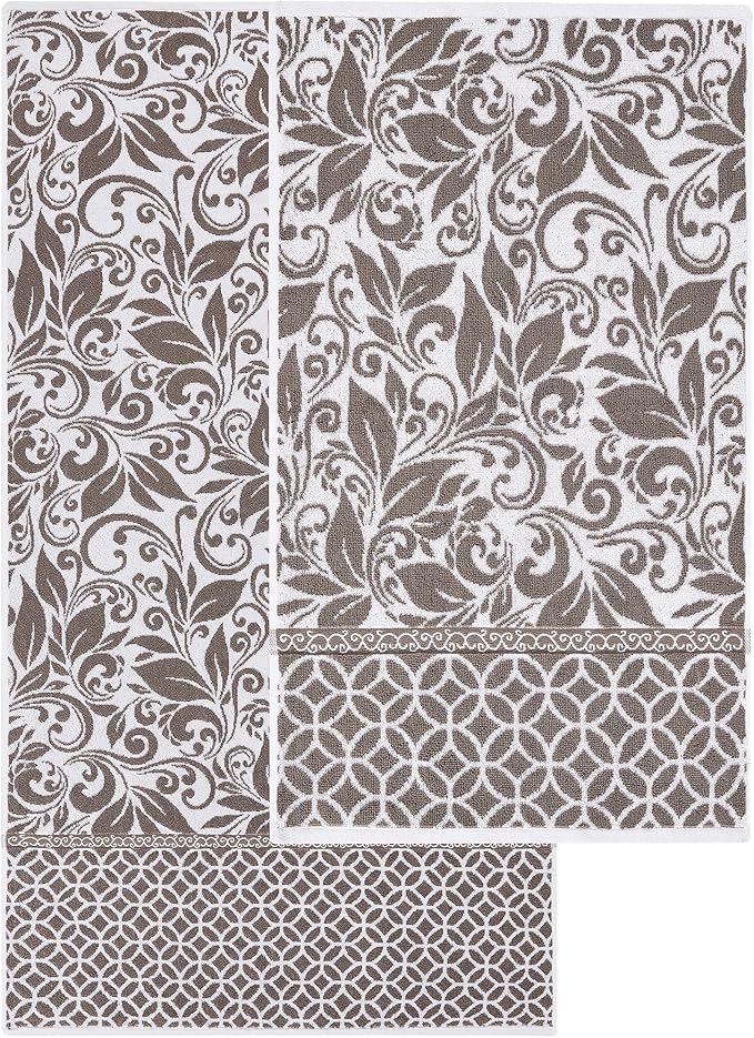 Modern Threads Trefoil Filigree 6-Piece 100% Cotton Towel Set – Reversible Yarn Dyed Jacquard – Includes 2 Bath Towels, 2 Hand Towels, 2 Washcloths – Absorbent, Quick Dry, Soft & Durable – Mocha Brown